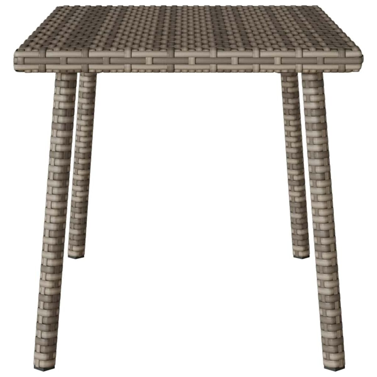 Quadratischer Rattantisch. Der Tisch hat vier Beine und ist aus gewebtem Material gefertigt.