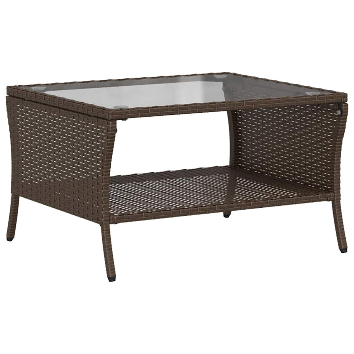 Tavolino da caffè in rattan marrone con piano in vetro e ripiano inferiore.