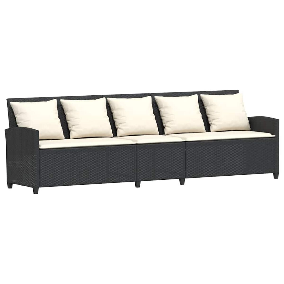 Un divano da esterno nero intrecciato con quattro cuscini color crema. Design moderno.