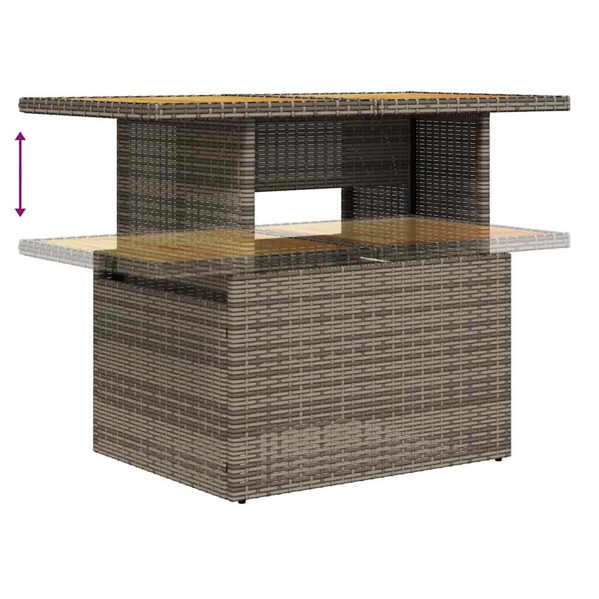 Un tavolo in rattan grigio. Il piano può essere esteso. Il tavolo è su uno sfondo bianco.