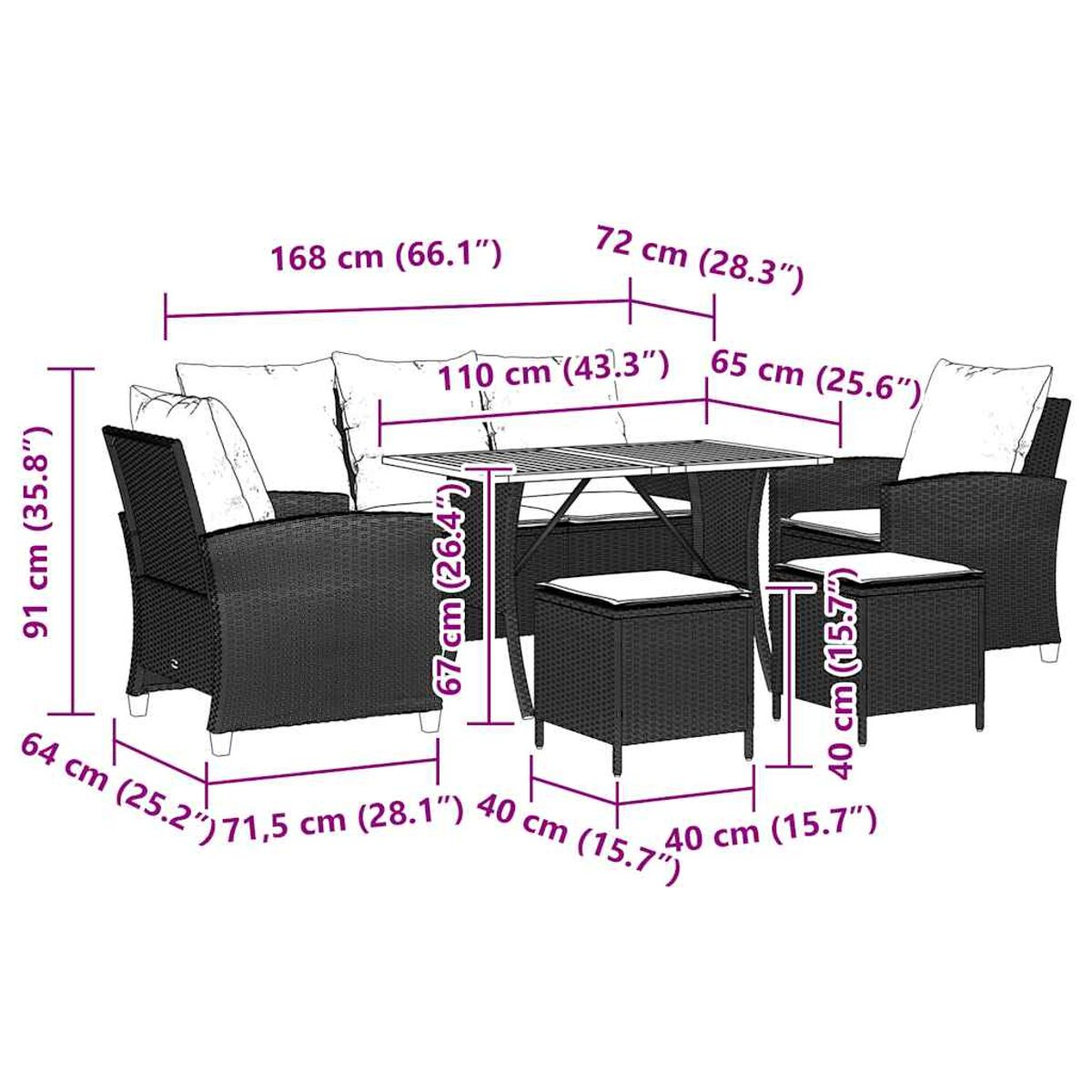 Gartenmöbel-Set mit Maßen: Sofa, Tisch und zwei Stühle. Wicker-Material, dunkelbraun.
