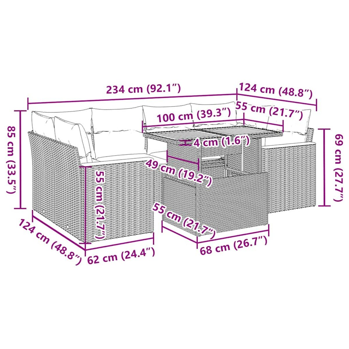Set di mobili da esterno in vimini con dimensioni, tra cui divano, tavolo e sedie.