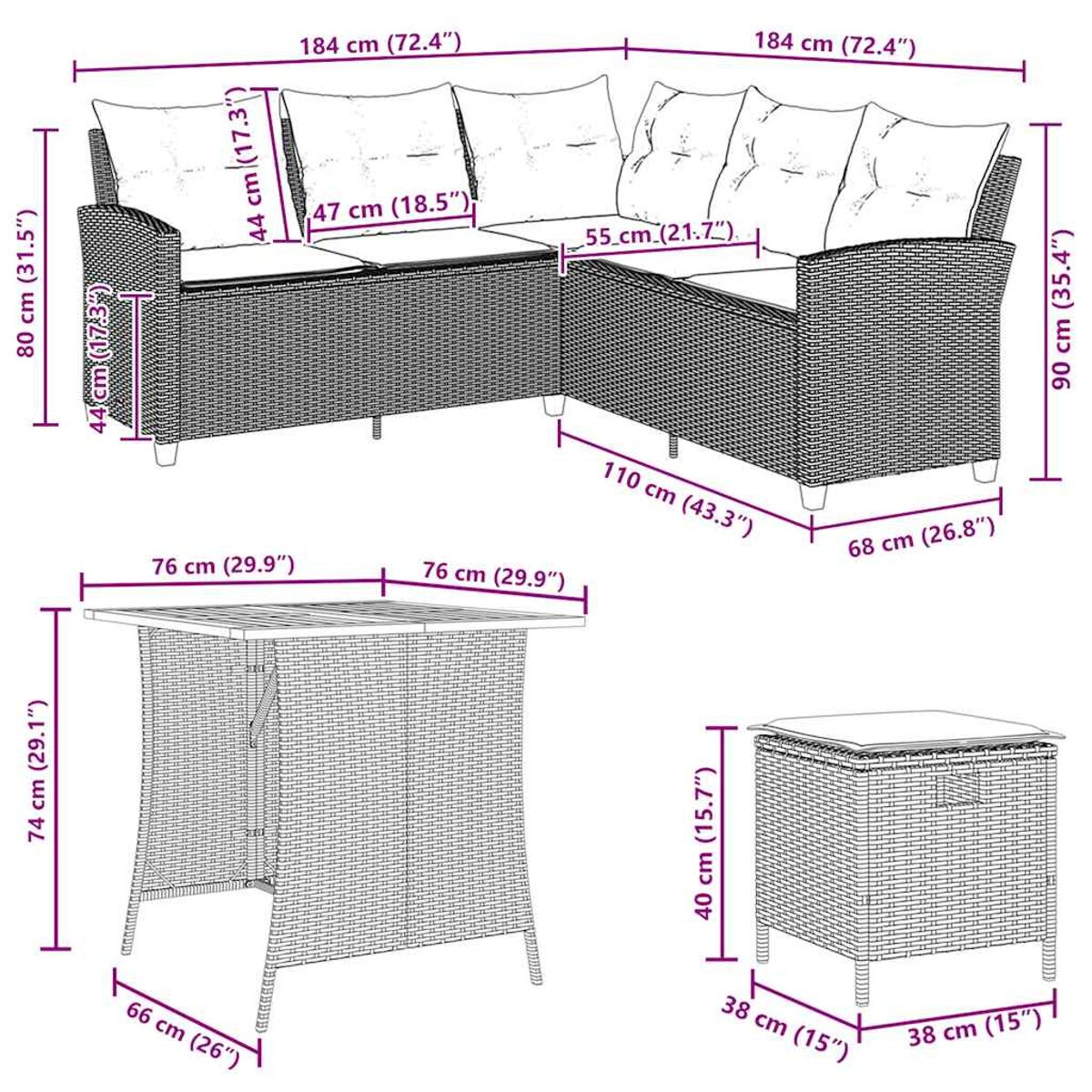 Set di mobili da esterno in vimini con divano, divano angolare, tavolo e sgabello. Dimensioni.