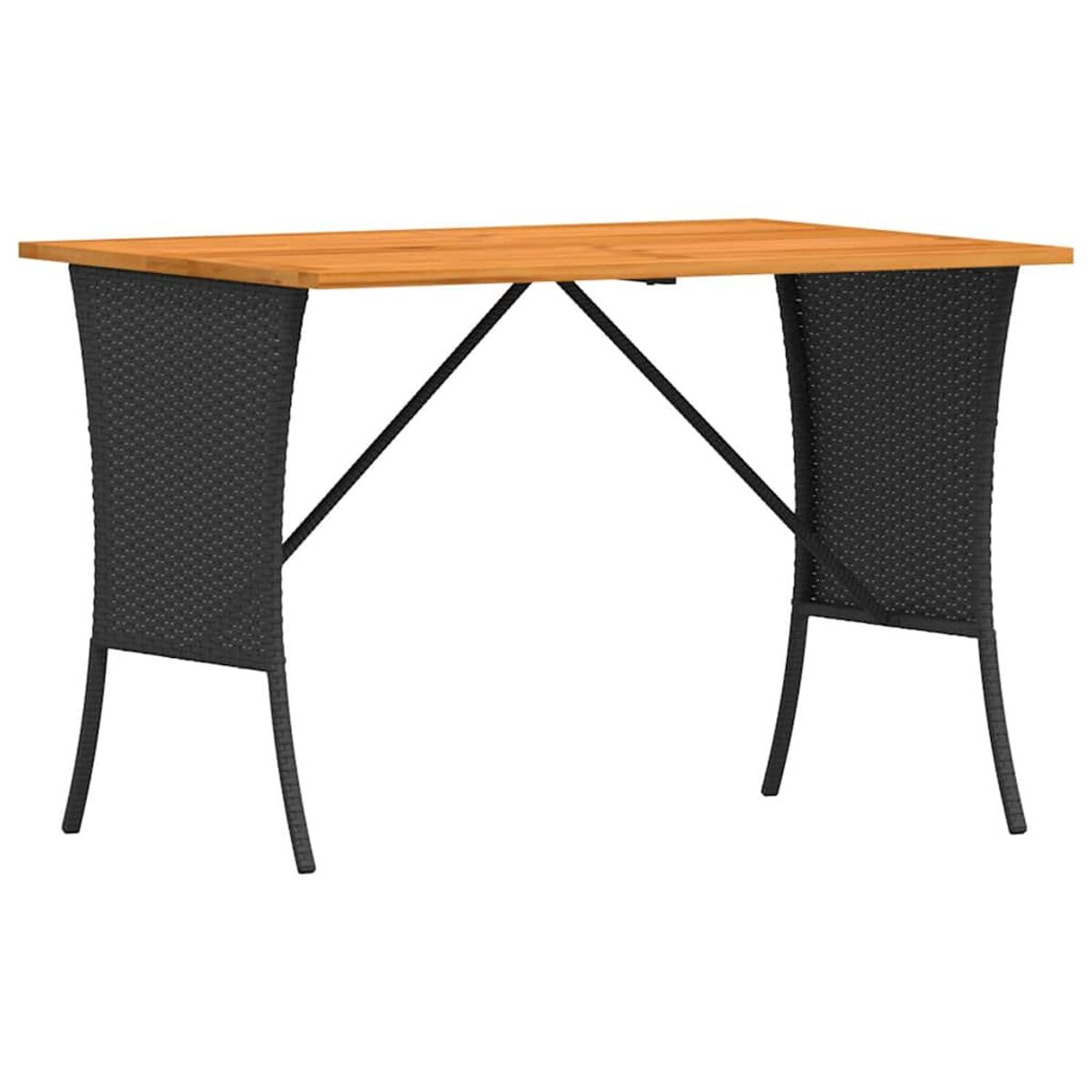 Un tavolo nero e in legno con due gambe nere. Il piano del tavolo è in legno.