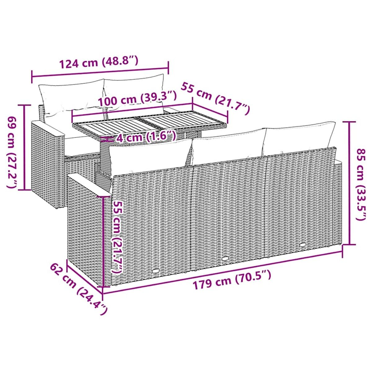 Geflochtenes Outdoor-Sofa- und Tischset mit Kissen. Inklusive Maße. Weißer Hintergrund.