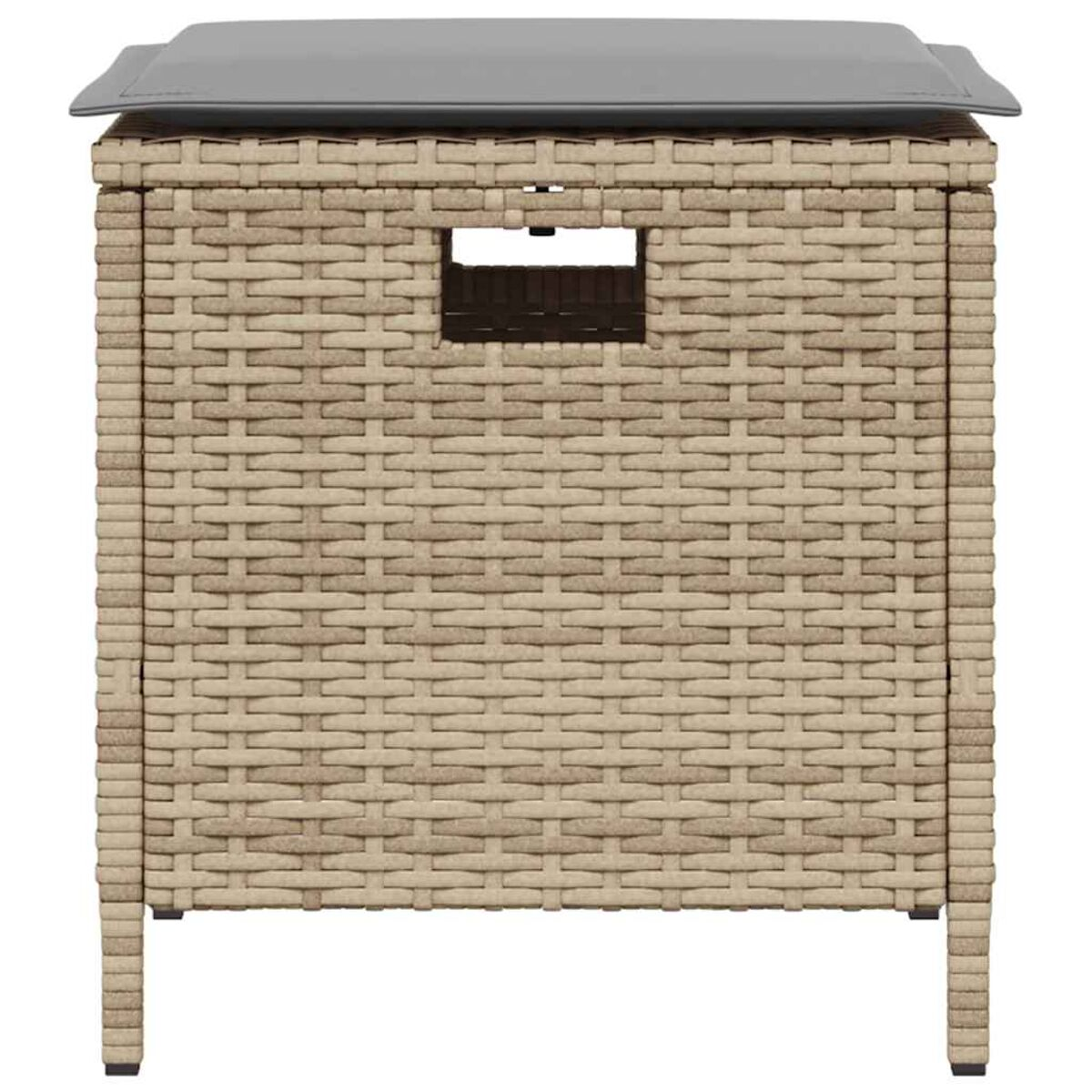 Wicker-Aufbewahrungsbox mit grauem Kissen oben und rechteckiger Öffnung.