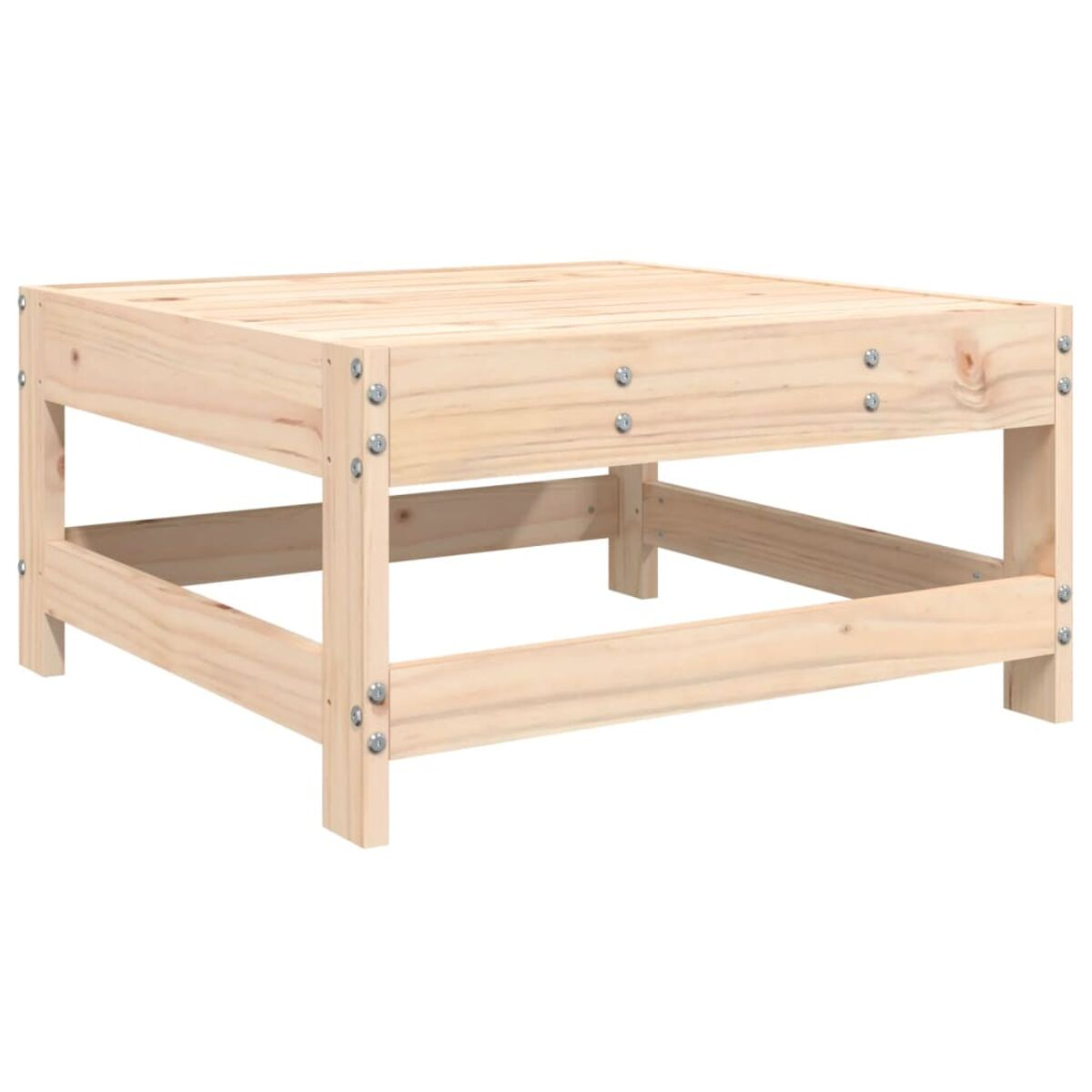 Quadratischer Kaffeetisch aus Holz mit sichtbaren Schrauben an den Ecken.