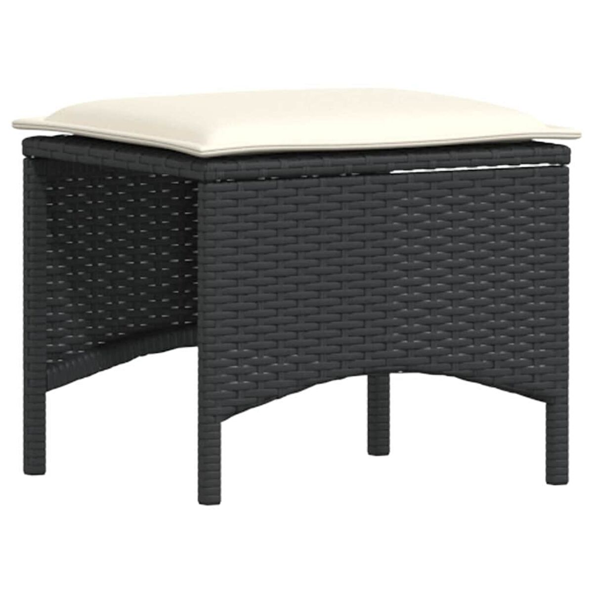 Pouff in vimini con cuscino bianco sopra, struttura in vimini nera.