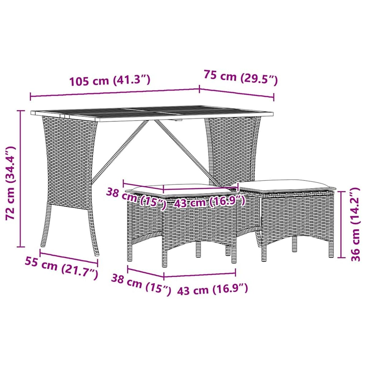 Set tavolo e panca in rattan con dimensioni etichettate. Sfondo bianco.