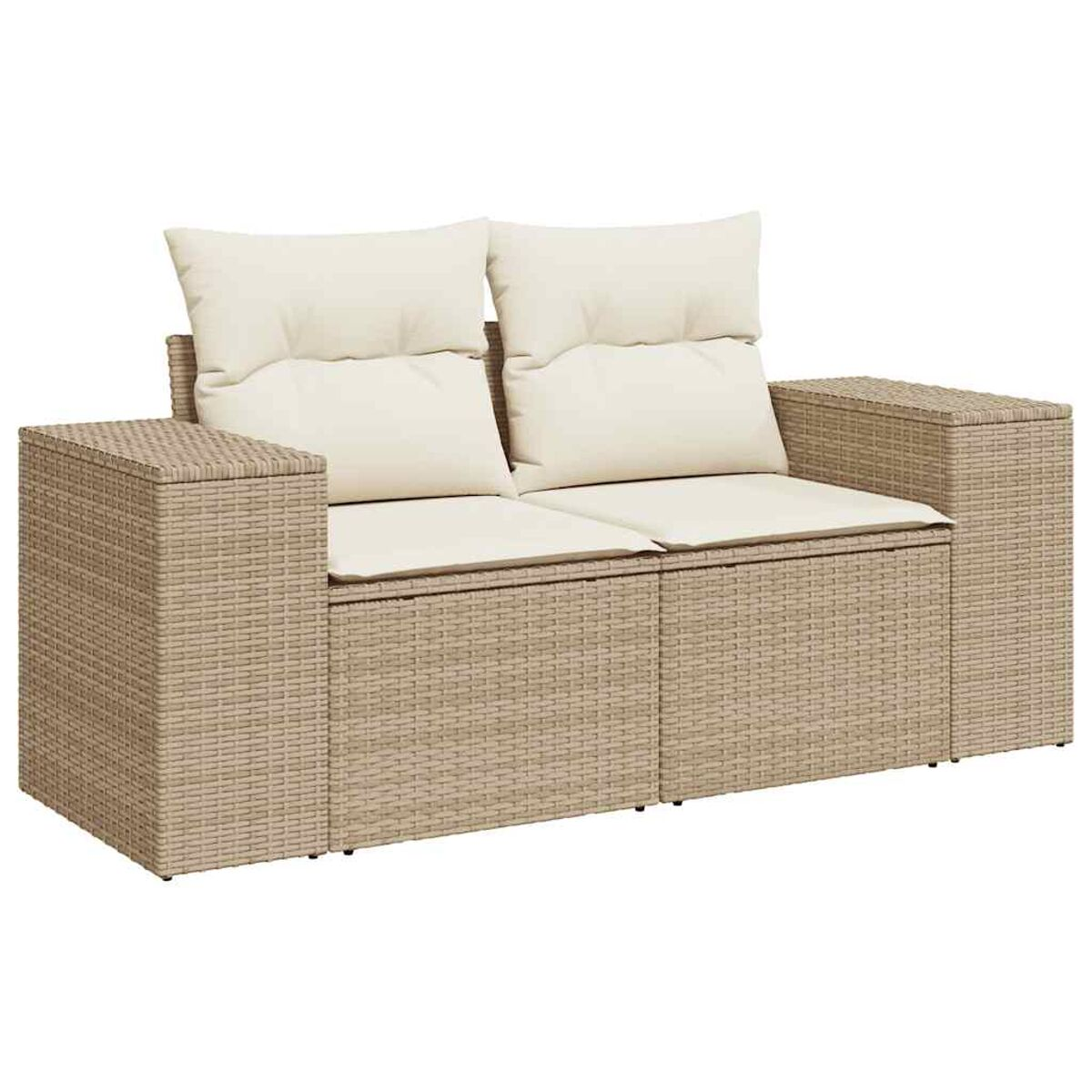 Zweisitziges Sofa mit gewebtem, hellbraunen Design. Beige Kissen. Gewebter Unterbau.