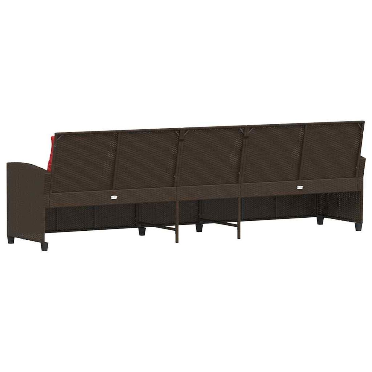 Braunes Outdoor-Sofa aus Korbgeflecht, Rückansicht, mit rotem Kissen. Weißer Hintergrund.
