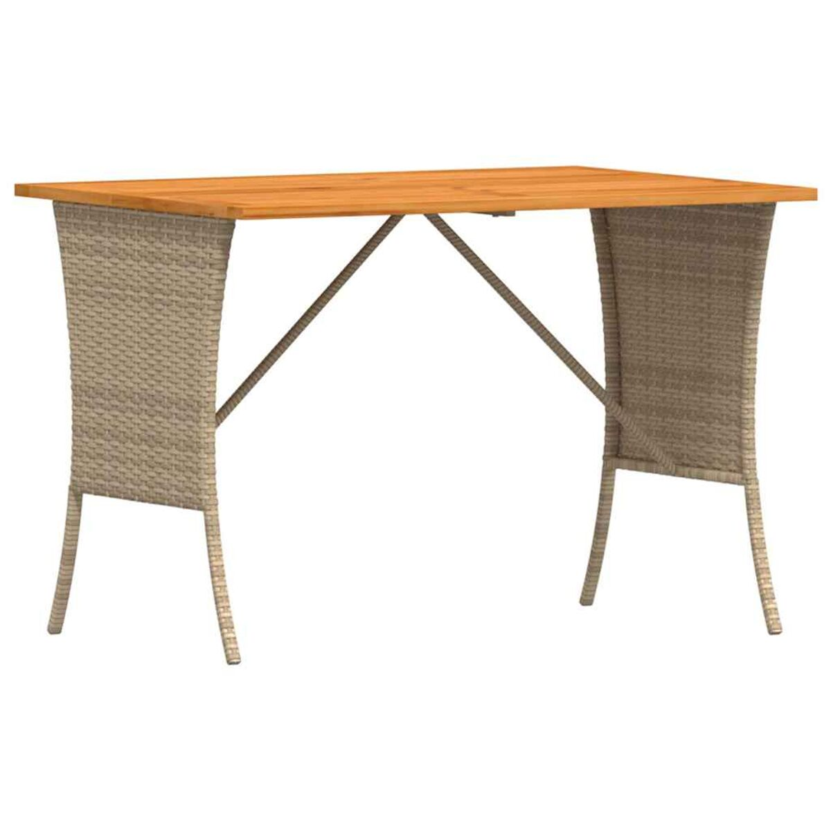 Tavolo da esterno in vimini con piano in legno. Sfondo bianco.