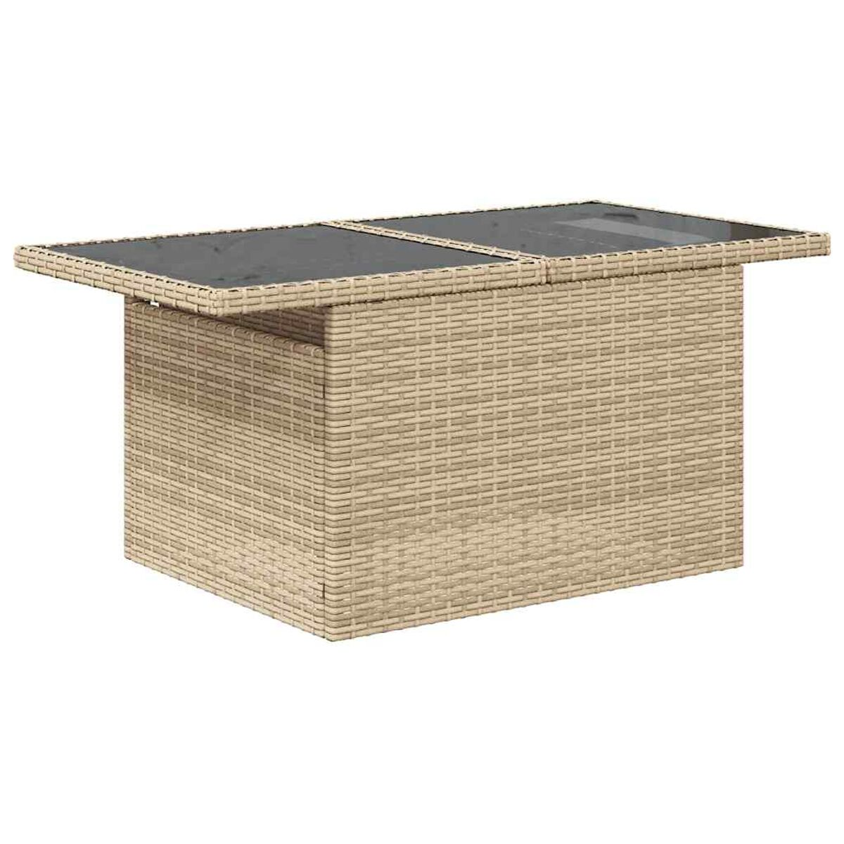 Tavolo rettangolare in vimini beige con piano in vetro, adatto per uso esterno.