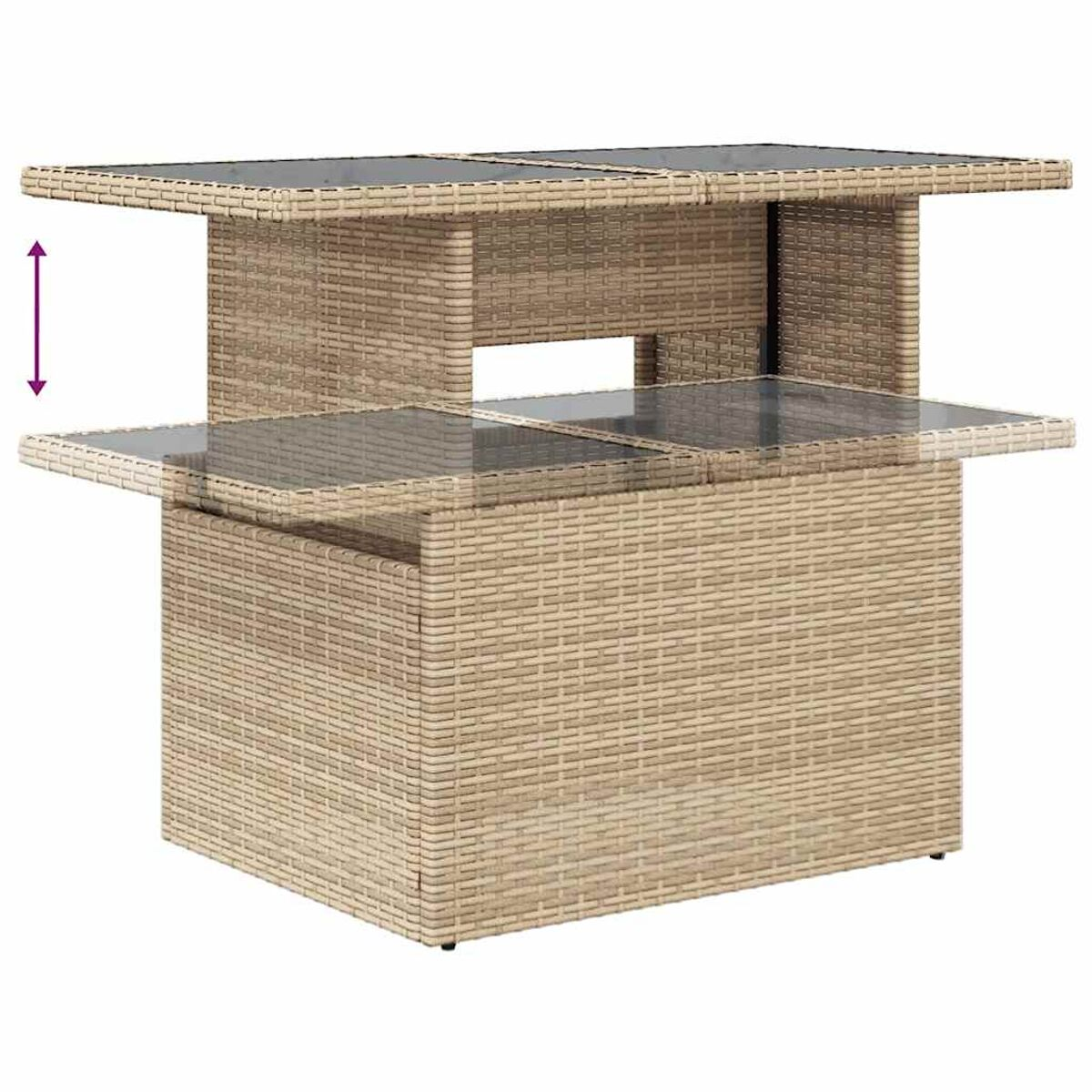 Outdoor-Tisch mit anhebbarer Teil, aus gewebtem Material.