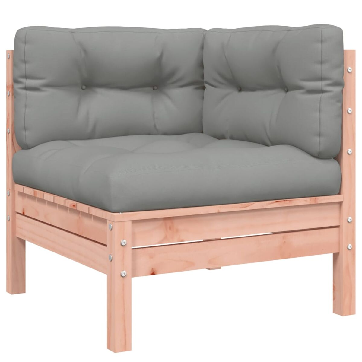 Ecksofa aus Holz mit grauen Kissen und hellem Holzrahmen, Vorderansicht.