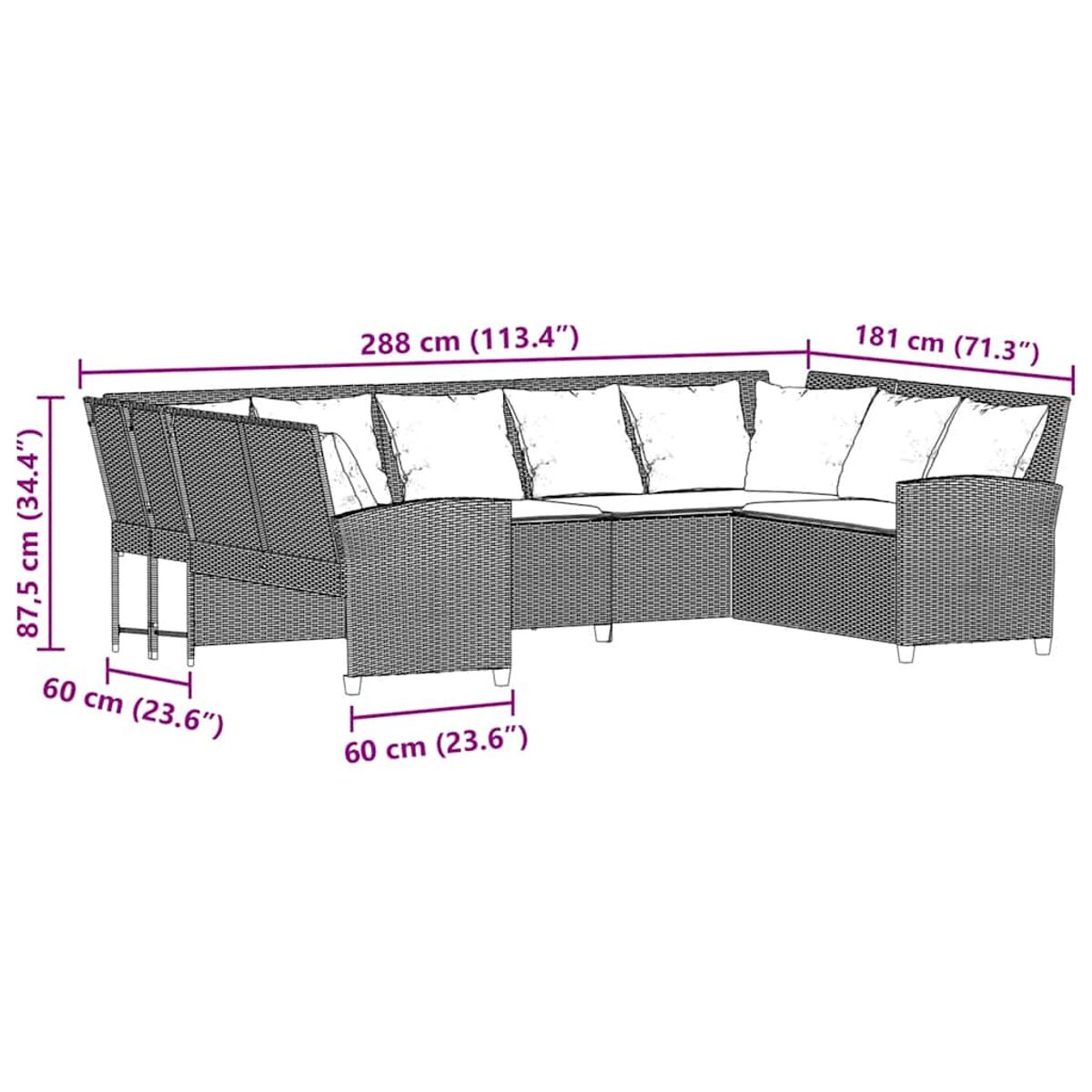 Un diagramma che mostra le dimensioni di un divano componibile da esterno con cuscini.