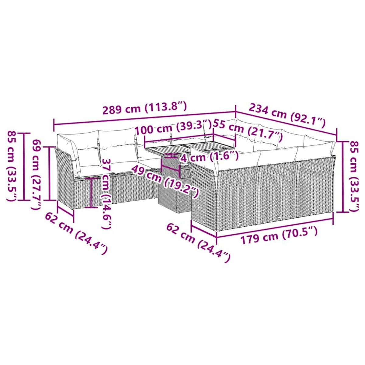 Diagramma di un set di mobili da esterno in vimini, con dimensioni.