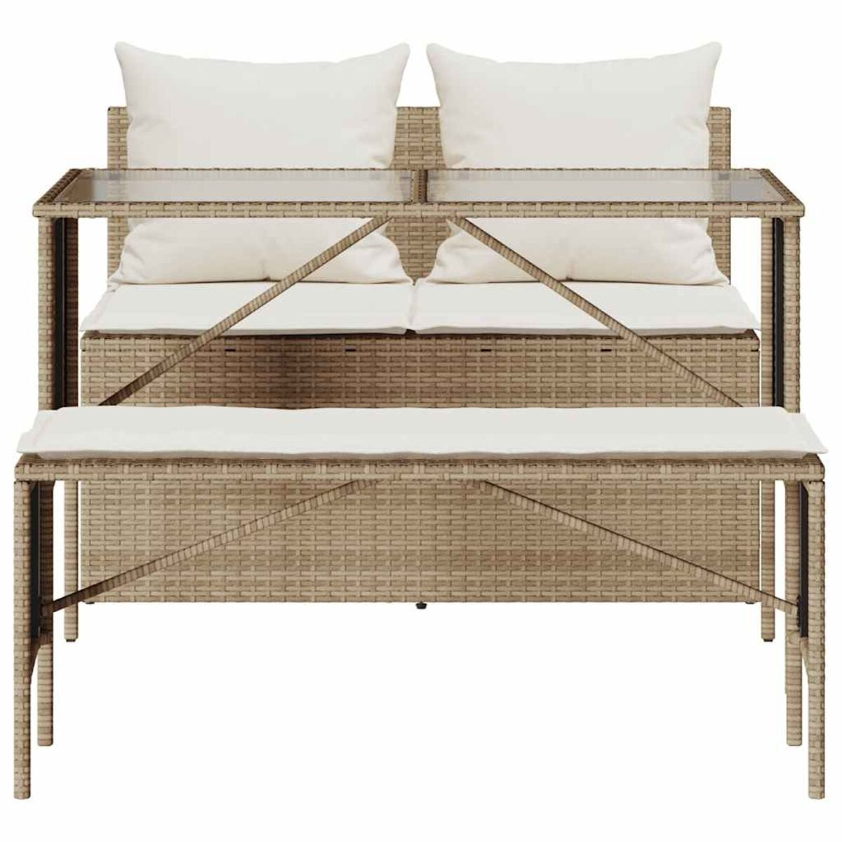 Beiges Sitzmöbel-Set für den Außenbereich mit Tisch mit Glasplatte und weißen Kissen, das Design zeigend.
