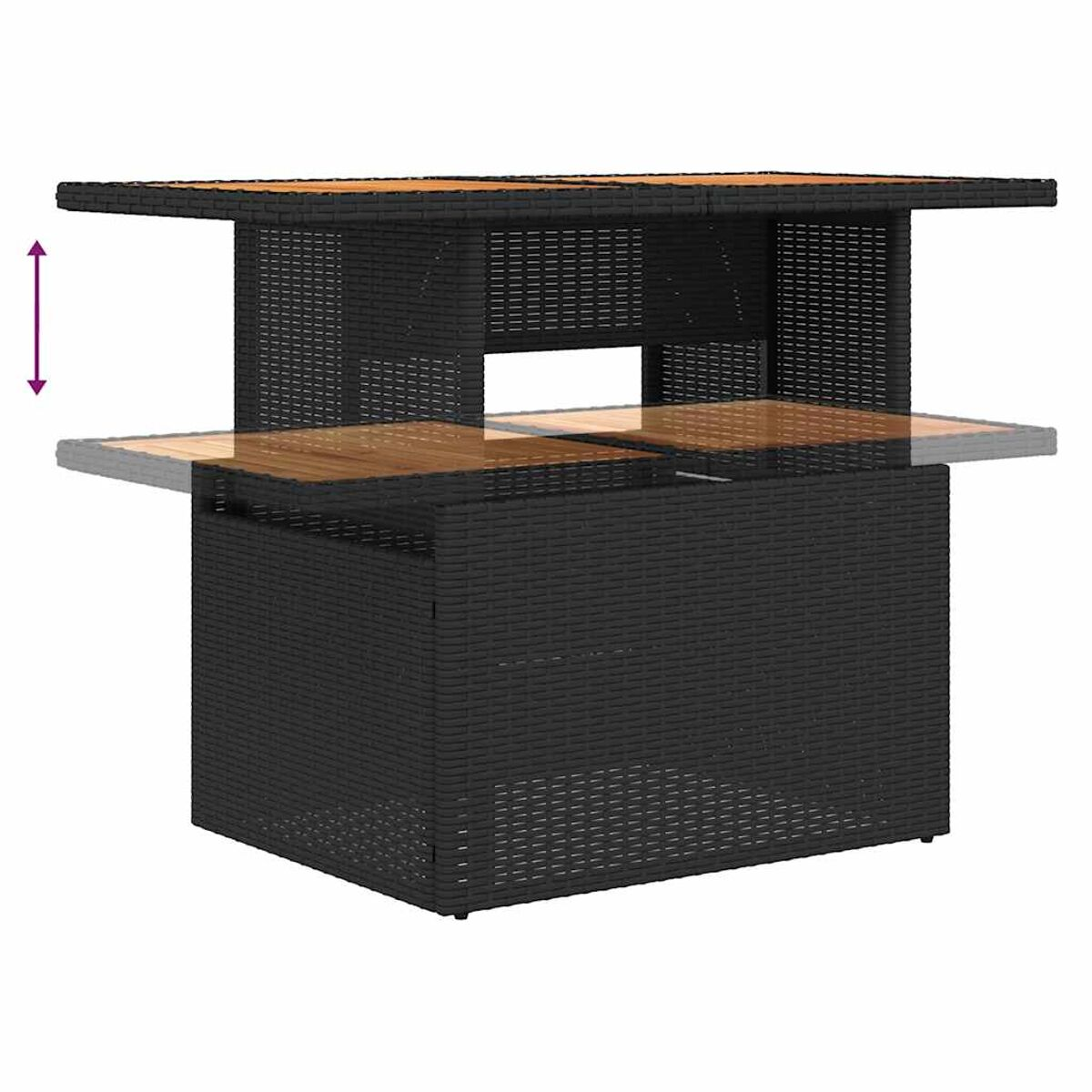 Schwarzer Terrassentisch mit Höhenverstellung. Der Tisch ist schwarz.