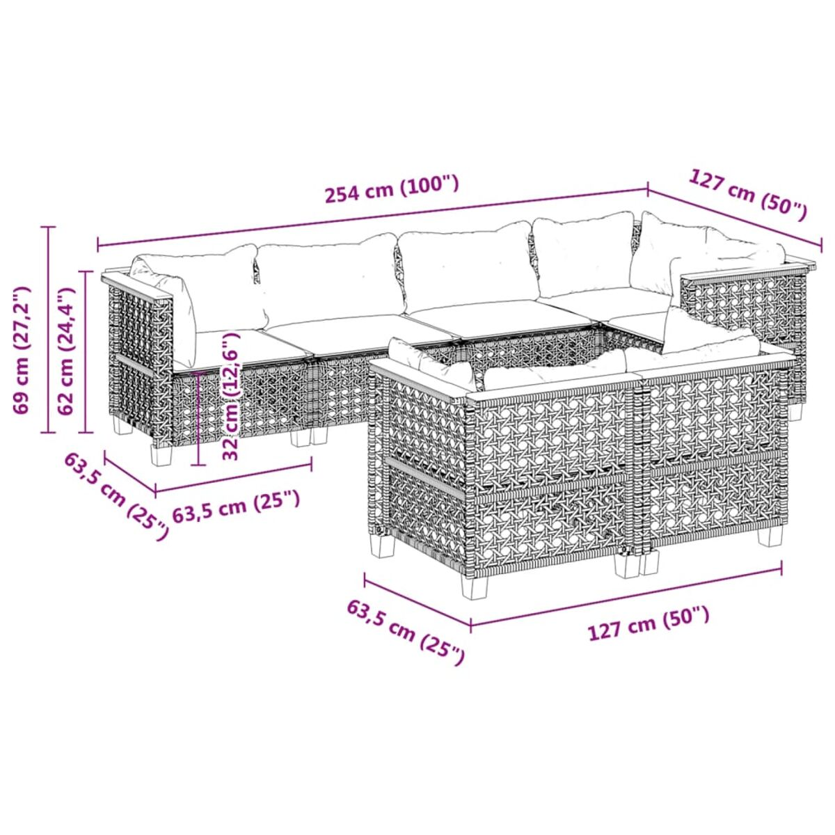 Ein großes Gartenmöbelset aus Korbgeflecht mit Maßen, bestehend aus Sofa, Ecksofa und quadratischem Tisch.