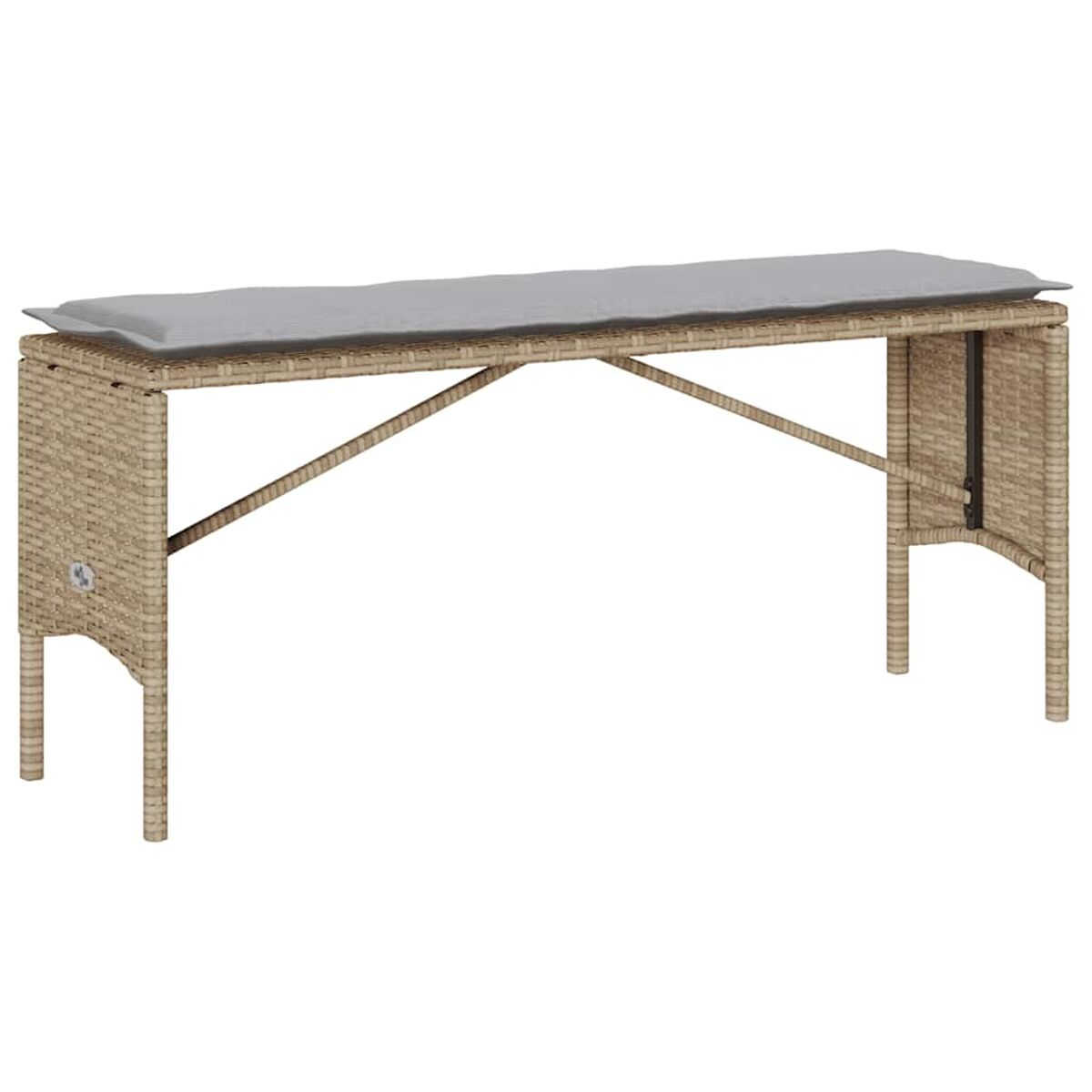 Beige Korbsitzbank mit grauem Kissen. Die Bank hat ein einfaches, längliches Design.