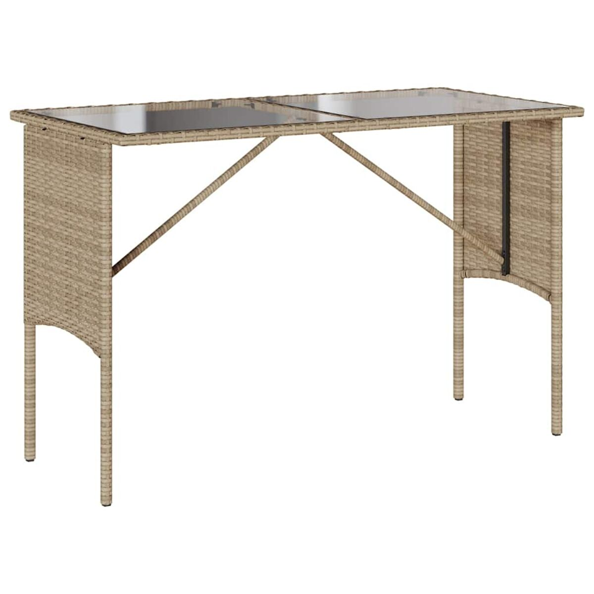Ein beigefarbener Outdoor-Bartisch aus Weide mit klarer Glasplatte, vor weißem Hintergrund.