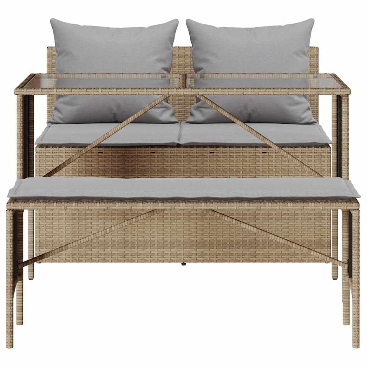 Gartenmöbel-Set: zwei Sofas gegenüber mit einem Tisch in der Mitte und einer Bank.
