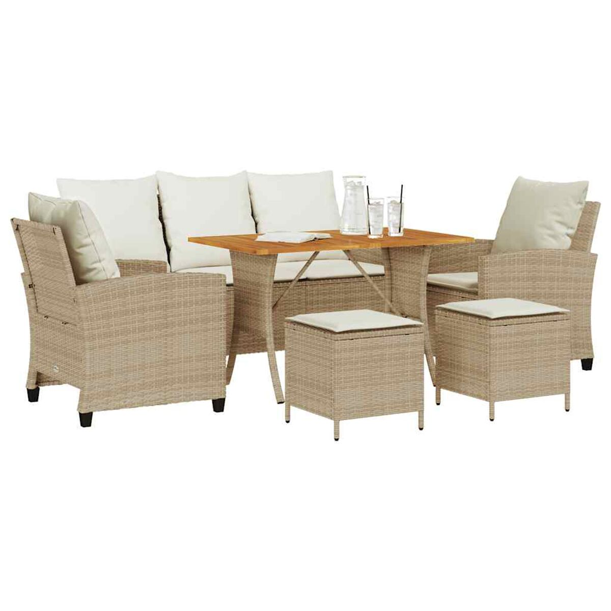 Set di mobili da esterno in vimini con divano, poltrone, tavolo e pouf, tutto beige.