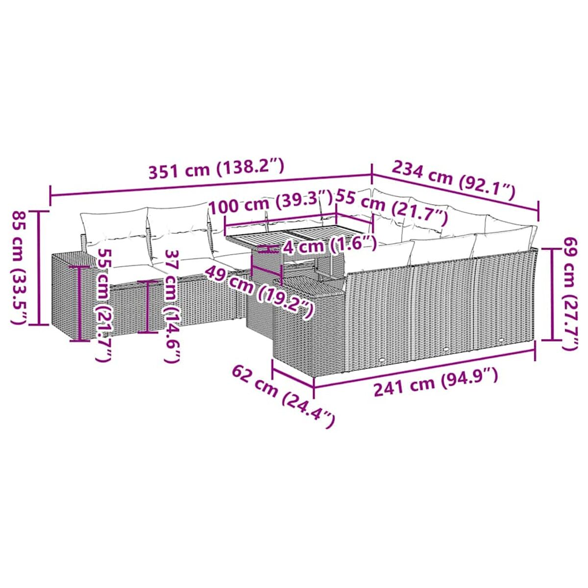 Set di divani in rattan da esterno con dimensioni, incluso un tavolo. Colore beige.
