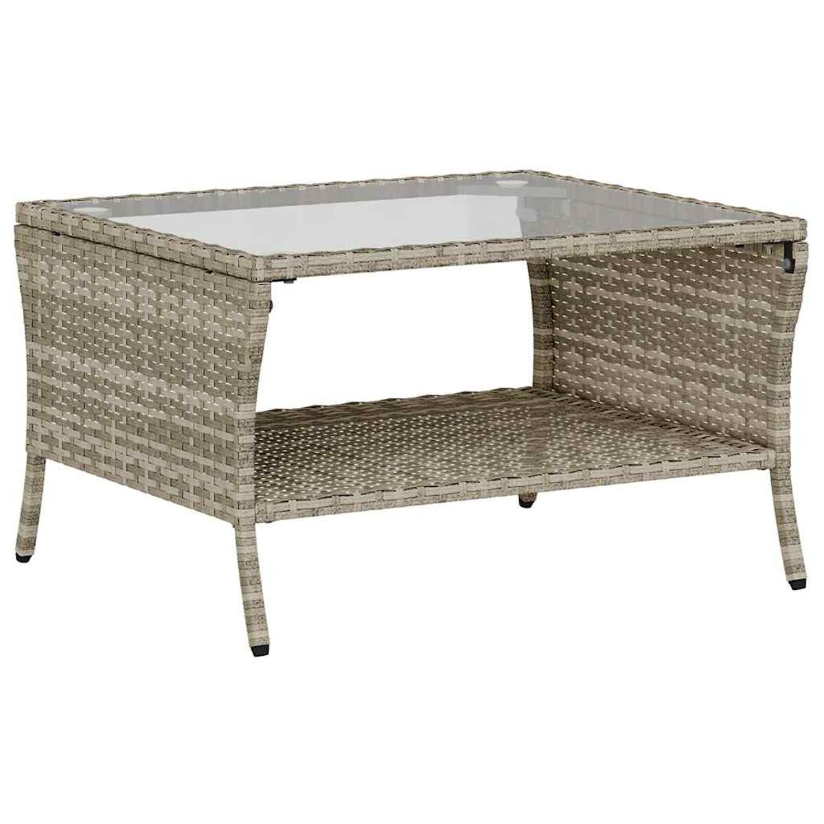 Un tavolino da caffè in rattan marrone chiaro con piano in vetro e ripiano.