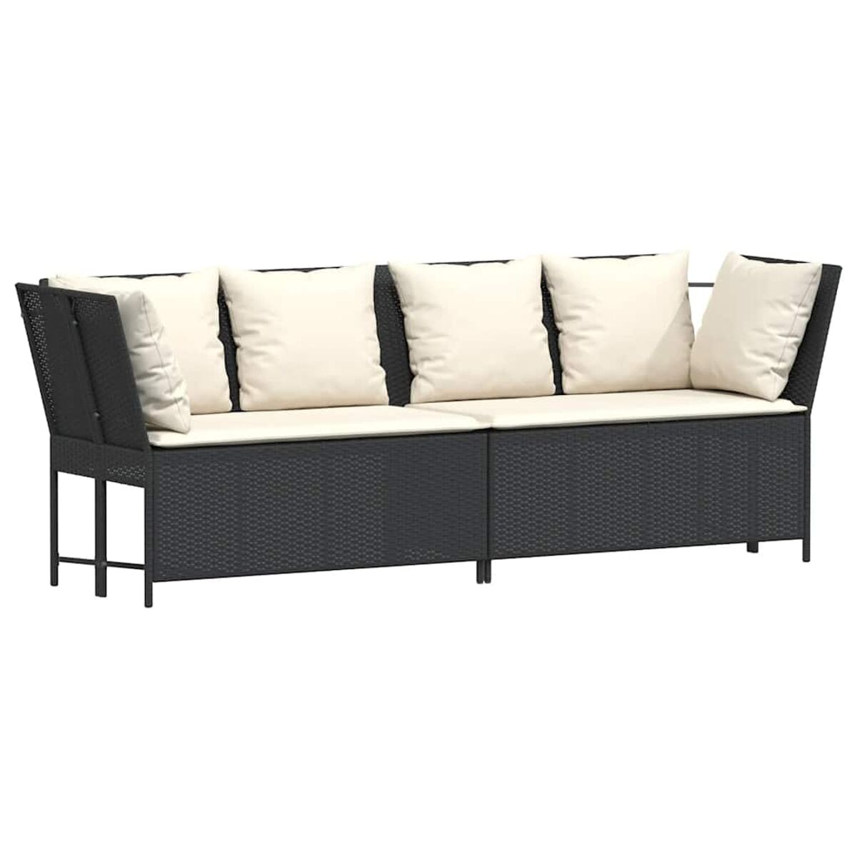 Sektionales Outdoor-Sofa mit Holzrahmen und hellbraunen Kissen auf einer grauen, gefliesten Terrasse.