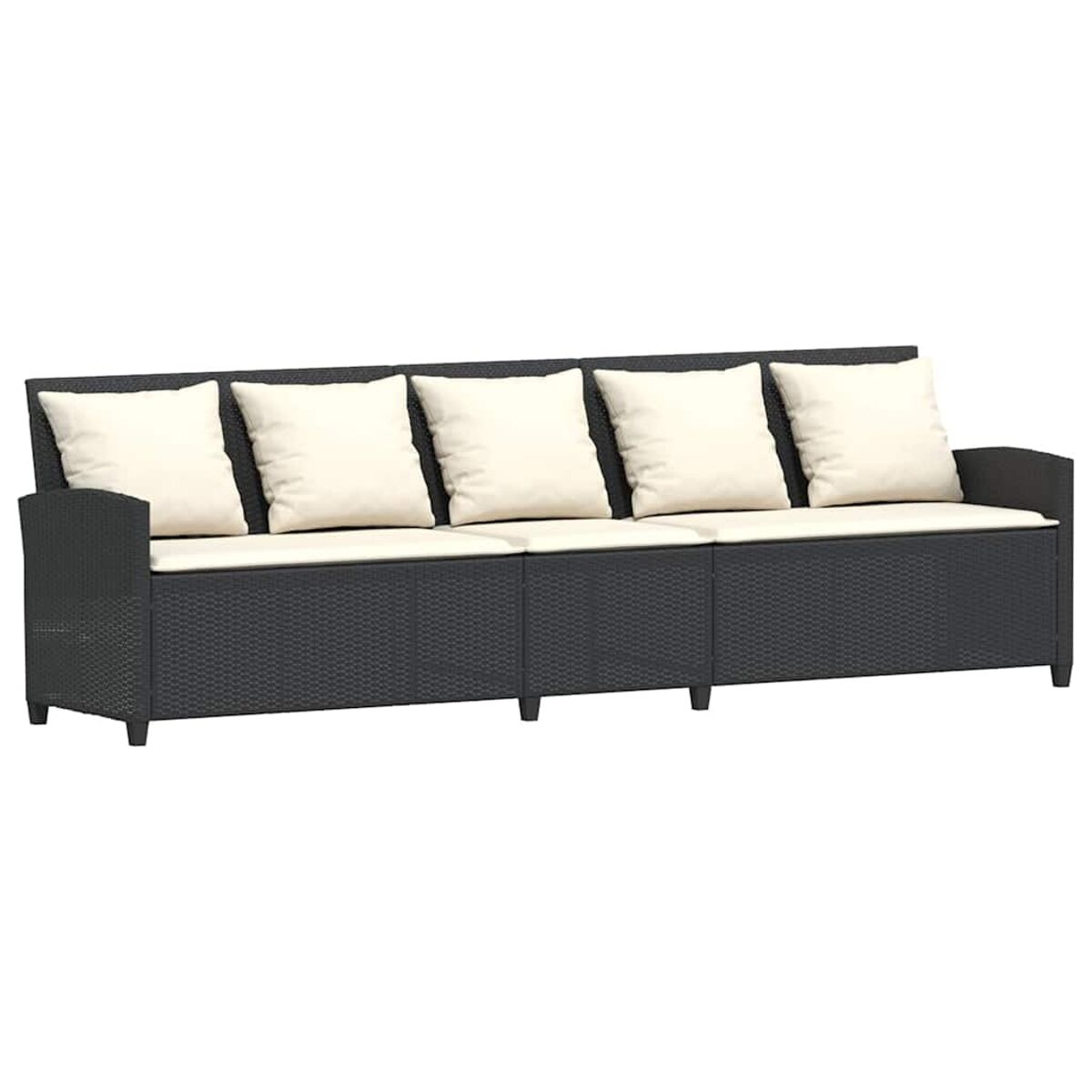 Ein dunkelgraues Korbmöbel-Sofa mit vier weißen Kissen auf weißem Hintergrund.