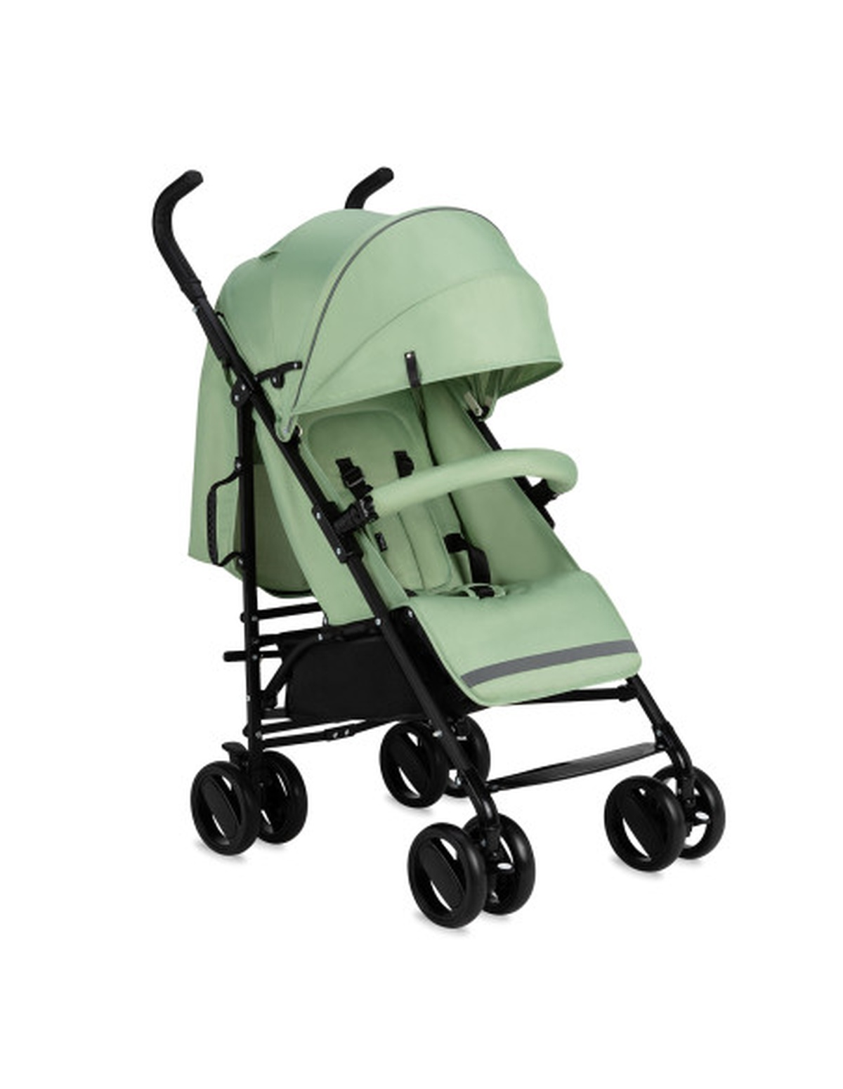 Grüner Kinderwagen mit Sonnenblende, Sitz und schwarzem Rahmen auf weißem Grund.