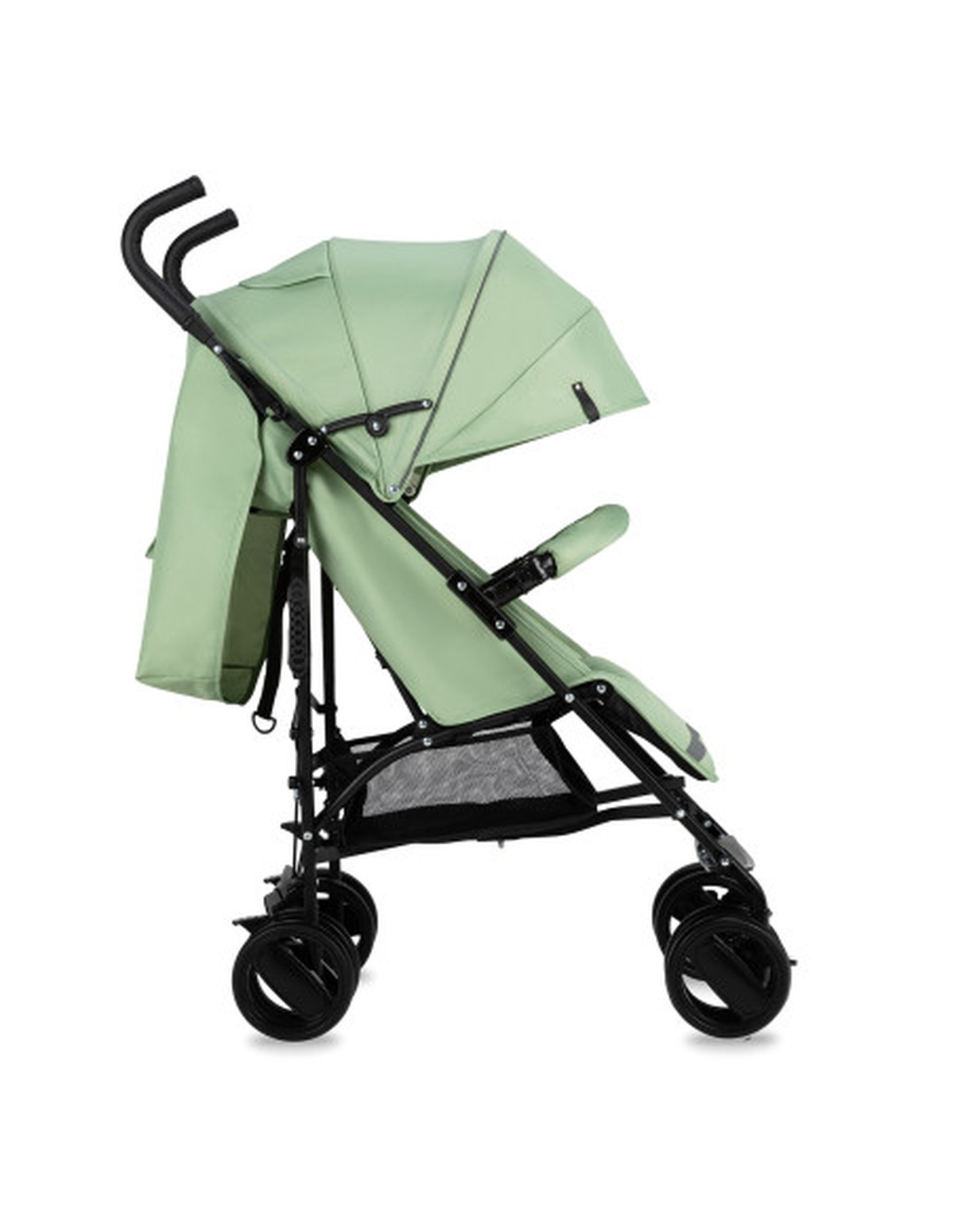 Ein hellgrüner Kinderwagen mit schwarzem Rahmen, Seitenansicht, isoliert auf weißem Hintergrund.