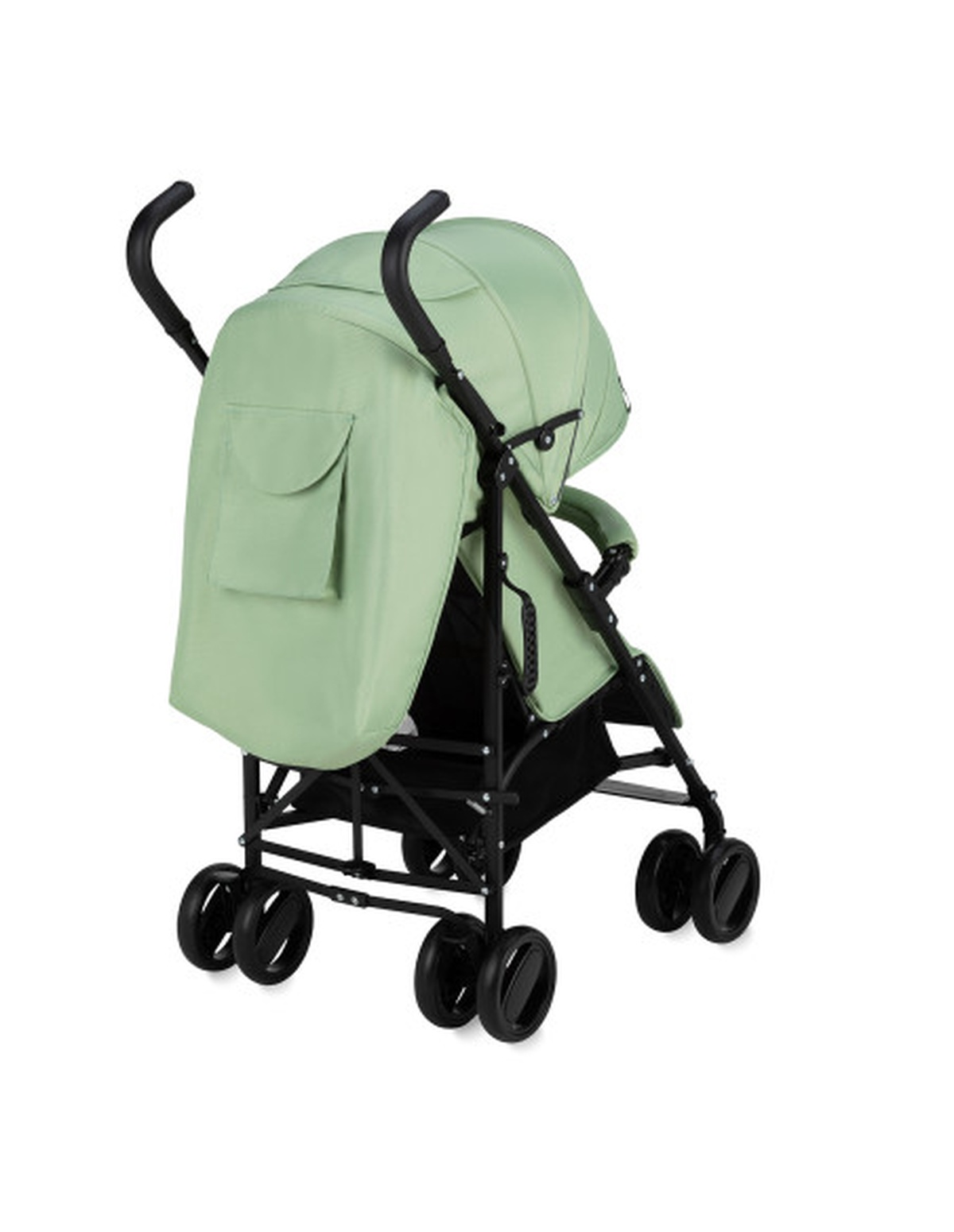 Ein hellgrüner Kinderwagen mit schwarzem Rahmen und Rädern, von hinten betrachtet, weißer Hintergrund.