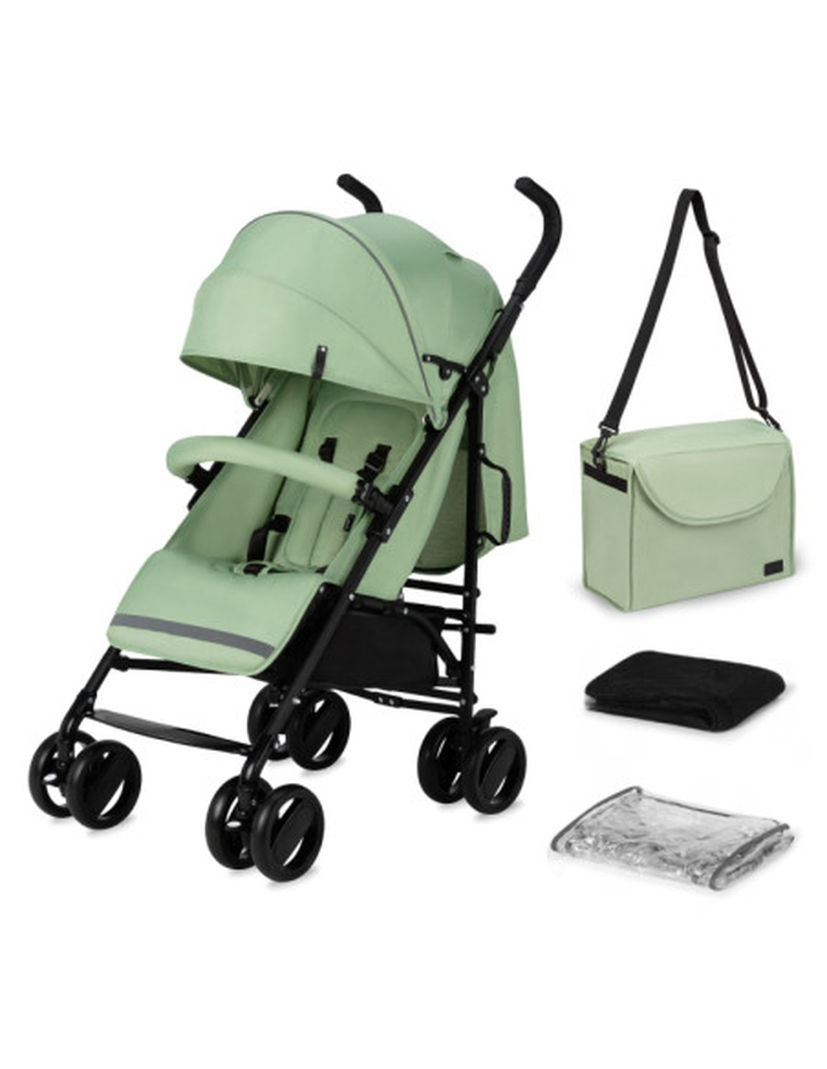 Grüner Kinderwagen mit Zubehör, inkl. Tasche und Regenschutz.