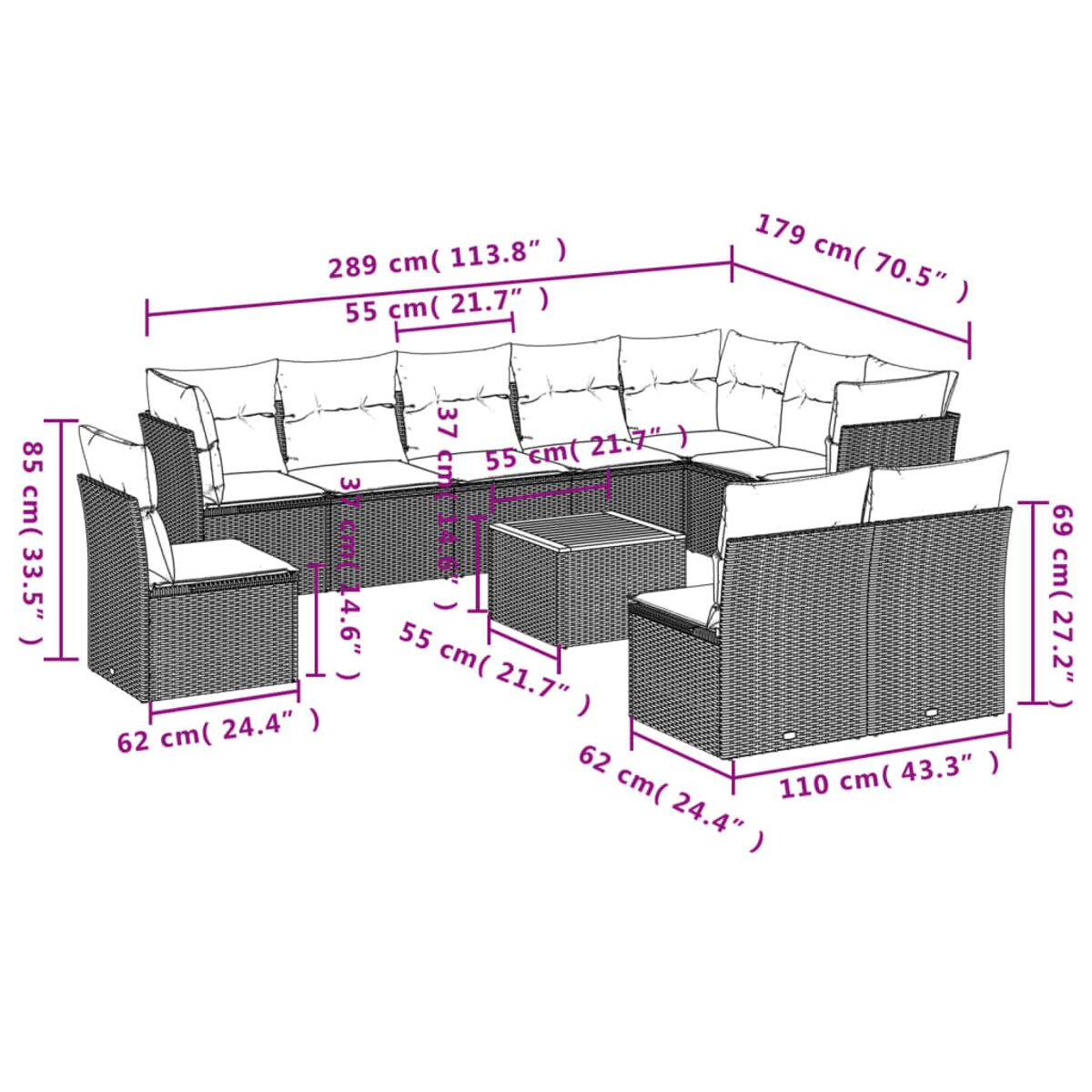 Set di sedute per esterni con dimensioni. Include divano, sedie e un tavolo, tutto in un colore chiaro.