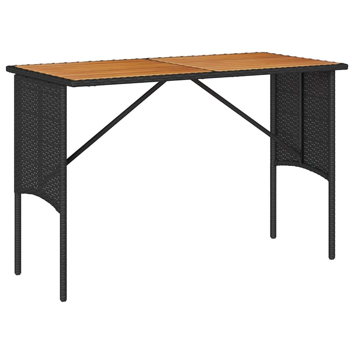 Tavolo da bar in vimini. È un tavolo lungo con piano in legno e struttura nera.