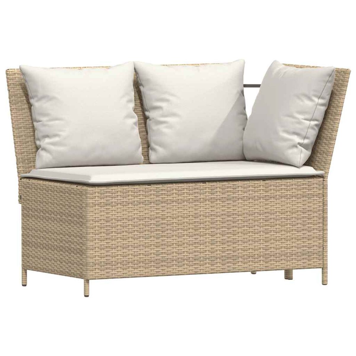 Beige gewebene Outdoor-Zweisitzer-Couch mit zwei cremefarbenen Kissen. Die Kissen und der Sitz sind cremefarben.