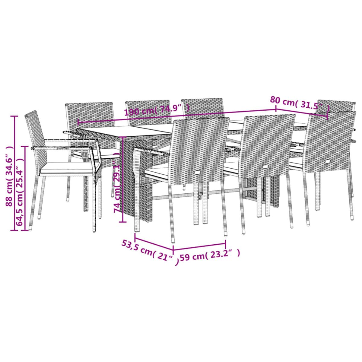 Set da pranzo da esterno in vimini con tavolo e sedie, dimensioni in cm e pollici.