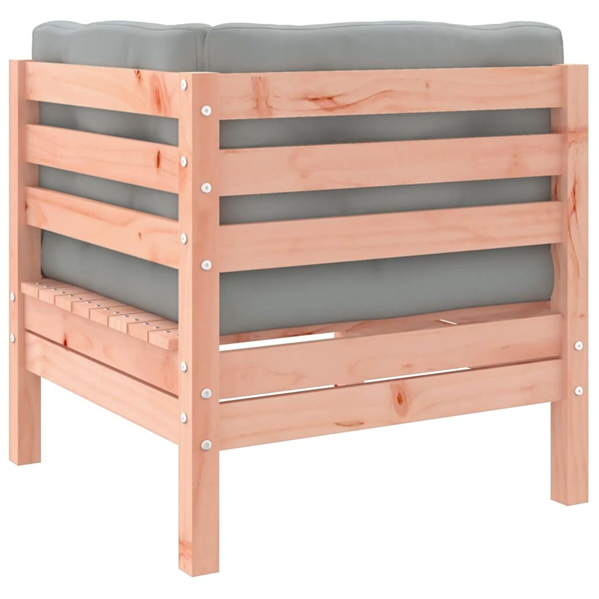 Struttura in legno con un cuscino grigio. La struttura ha doghe orizzontali in legno ed è di colore chiaro.