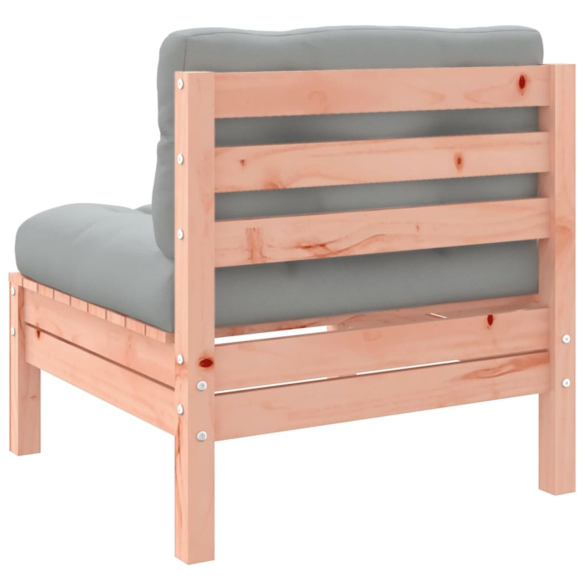 Una sedia in legno con un cuscino grigio, vista da dietro.