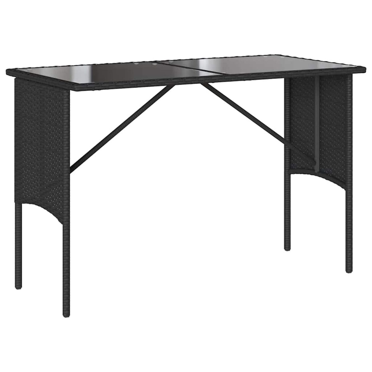Un tavolo da esterno in rattan nero con piano in vetro, sostenuto da gambe nere e una barra di supporto diagonale.