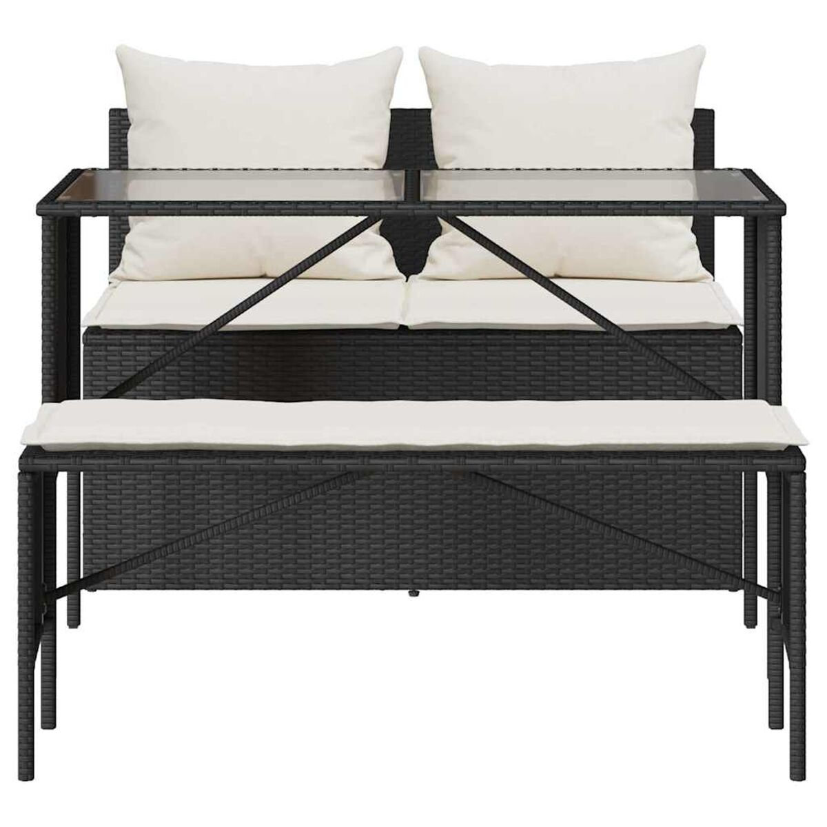 Set divano da esterno in vimini nero con tavolo in vetro e cuscini bianchi. Struttura nera, cuscini bianchi.