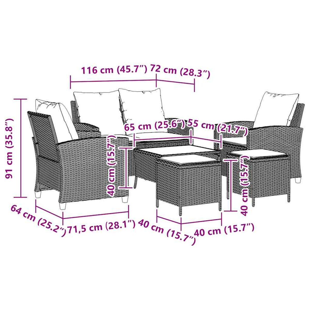 Diagramma che mostra le dimensioni di un set di mobili da patio, tra cui divano, sedie e un tavolino.