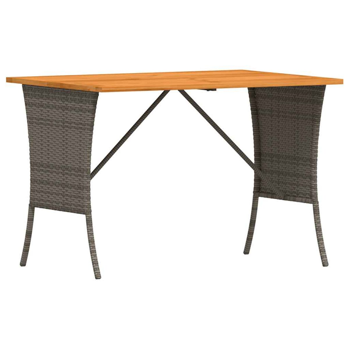 Tavolo rettangolare in legno con base grigia intrecciata e piano in legno su sfondo bianco.