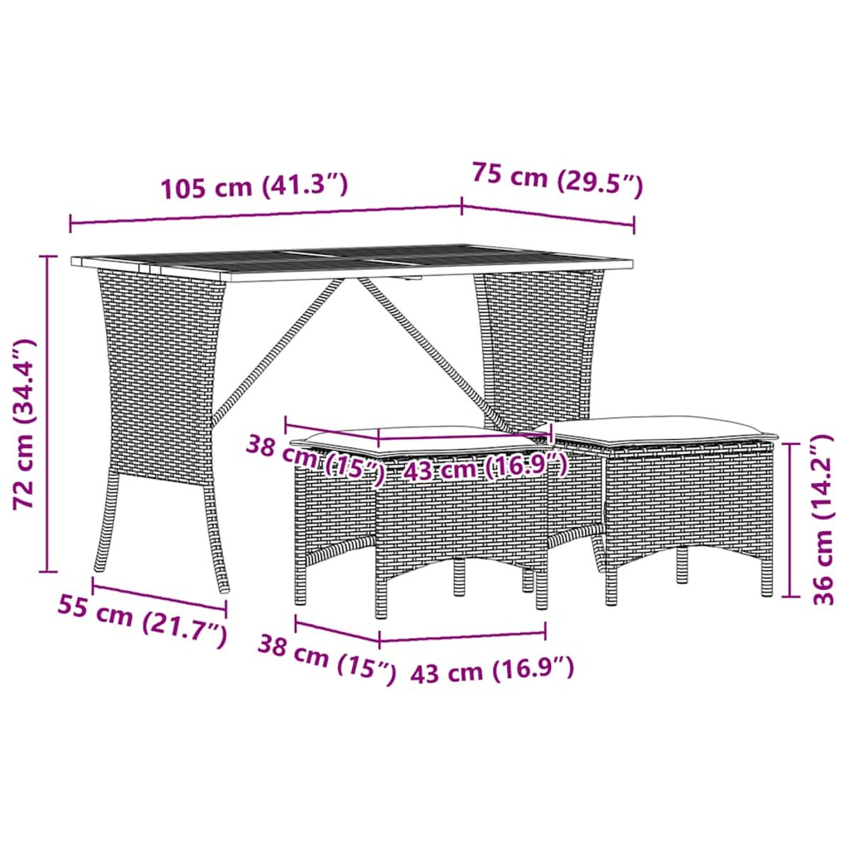 Un tavolo e due panche in materiale intrecciato, con dimensioni.