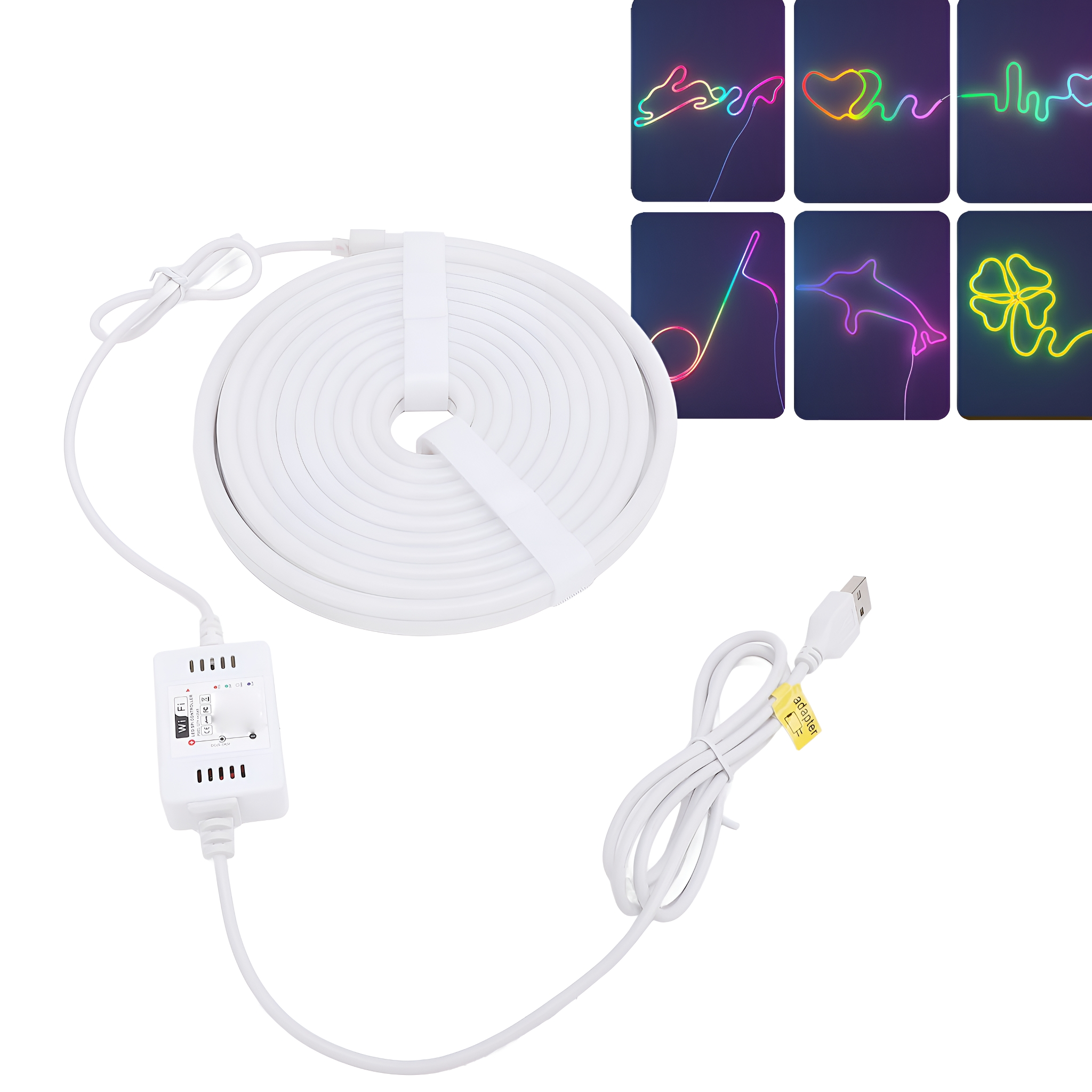 Weißes LED-Lichtband und einige Neonlichtformen mit einem USB-Kabel.