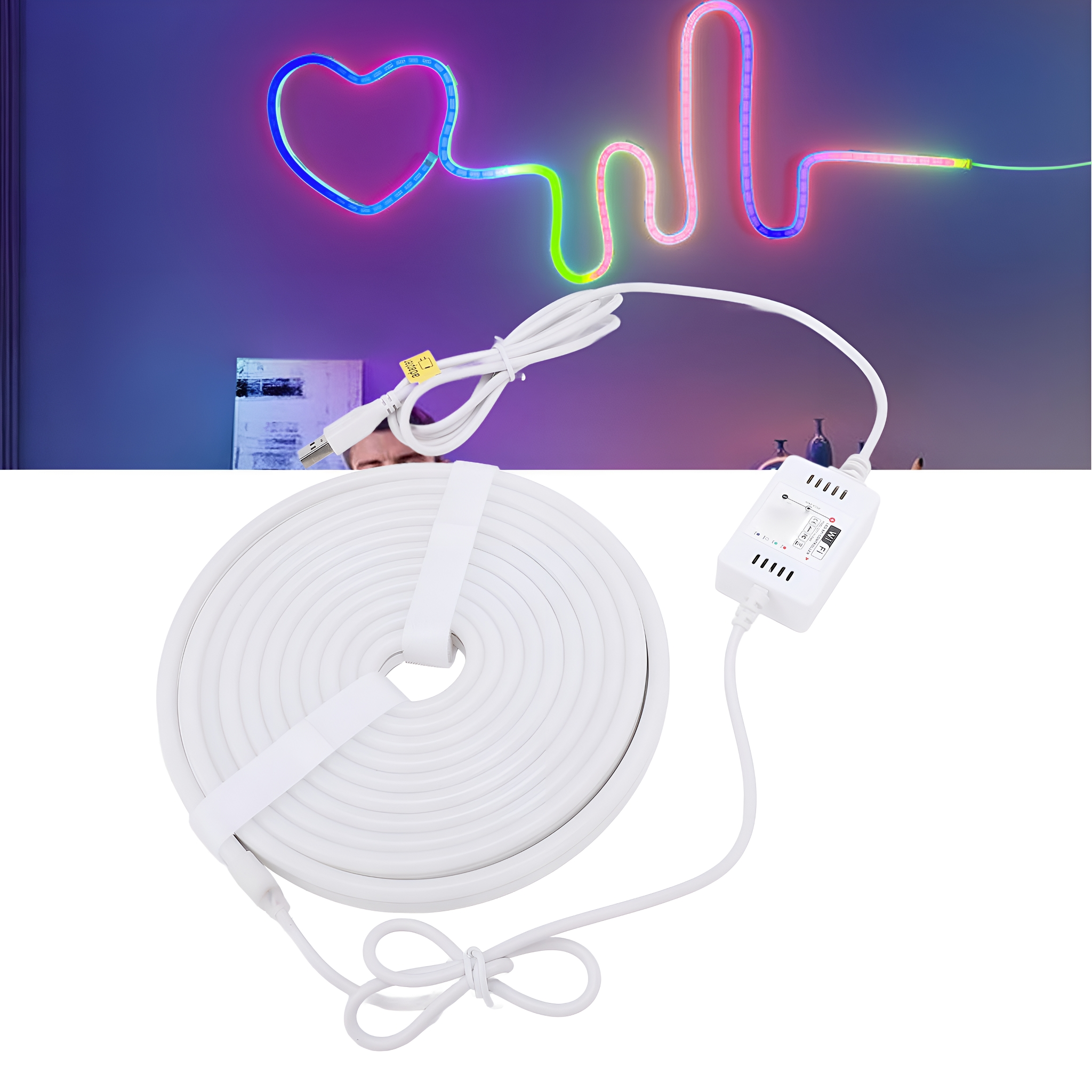 Rolle weißes LED-Band mit Steuerbox und herzförmigem Licht.