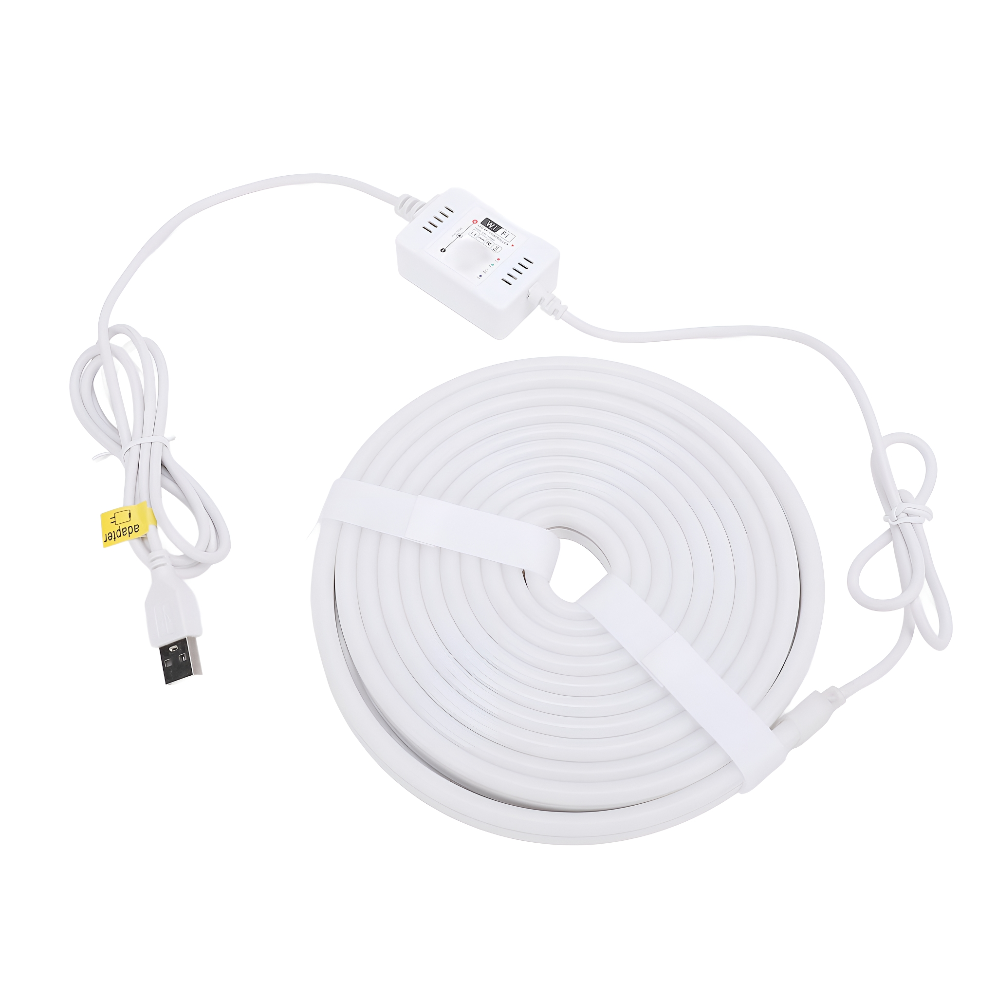 Weißer Neonlichtstreifen auf weißem Hintergrund. USB und Stecker sichtbar. Aufgerollt.